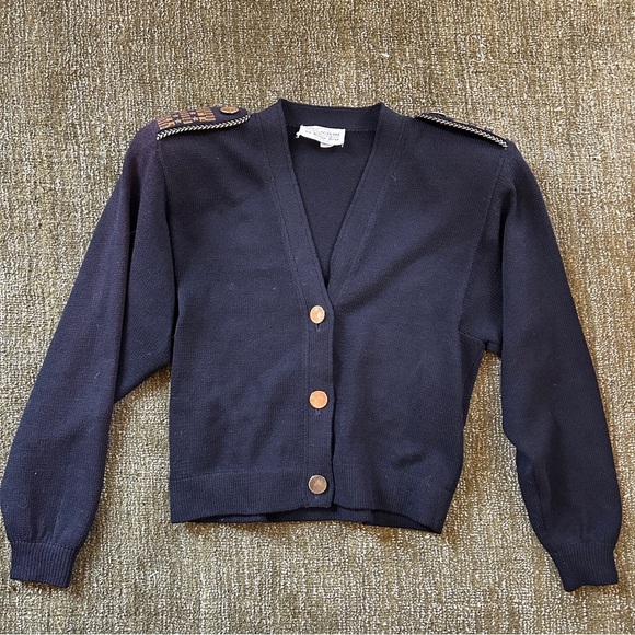 St. John Wool Blend Knit Cardigan Black Gold Military Embellished, Size Small - Picture 2 of 6
